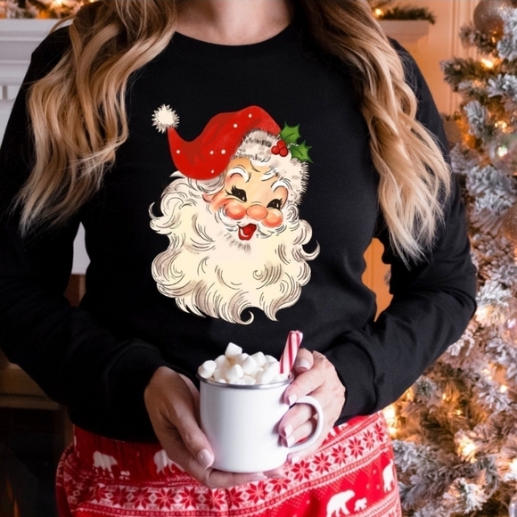 Hand Crafted Tops - Vintage Santa Christmas Long-sleeved Shirt